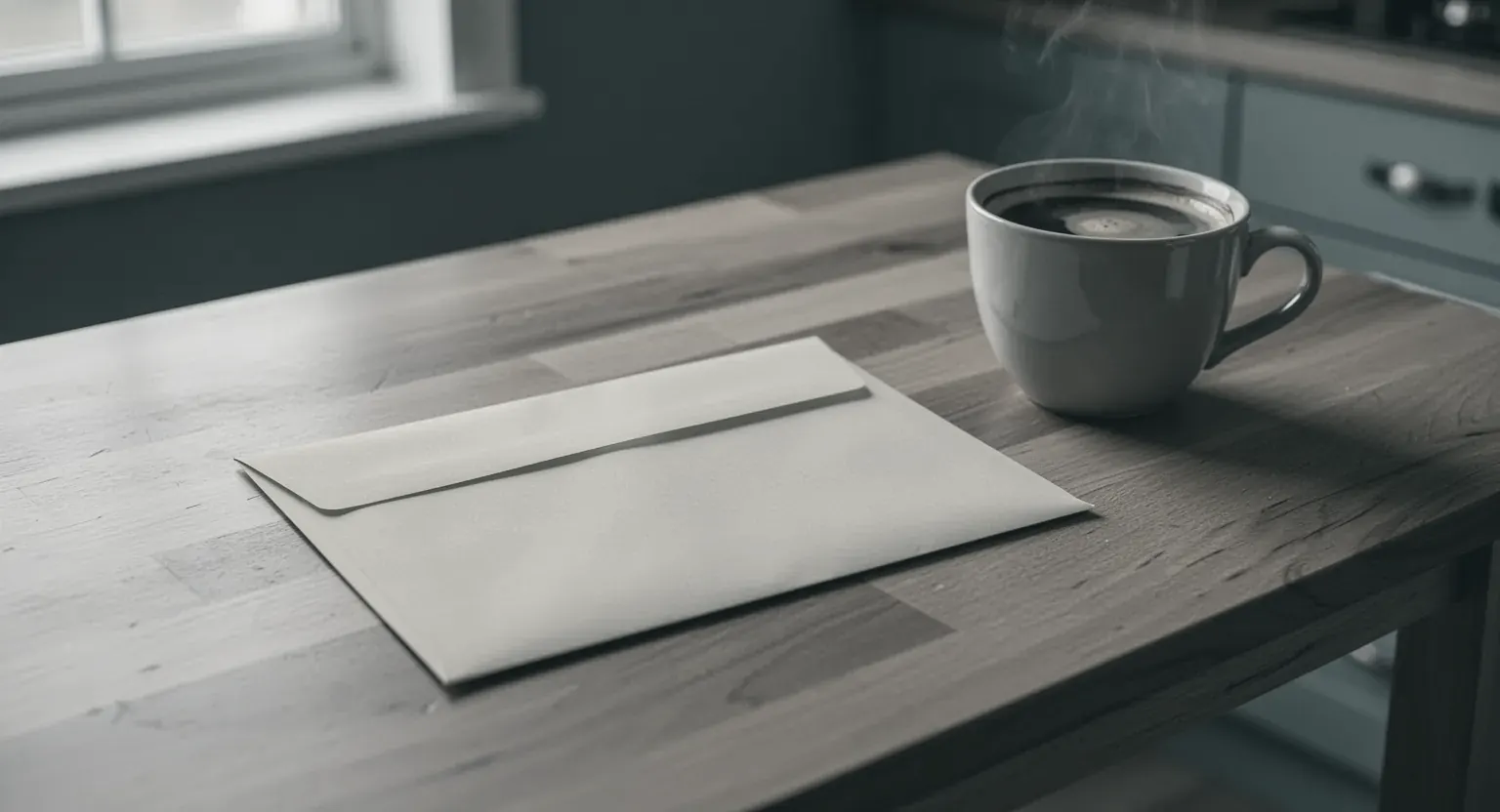 Un plic închis pe o masă de bucătărie, lângă o ceașcă de cafea