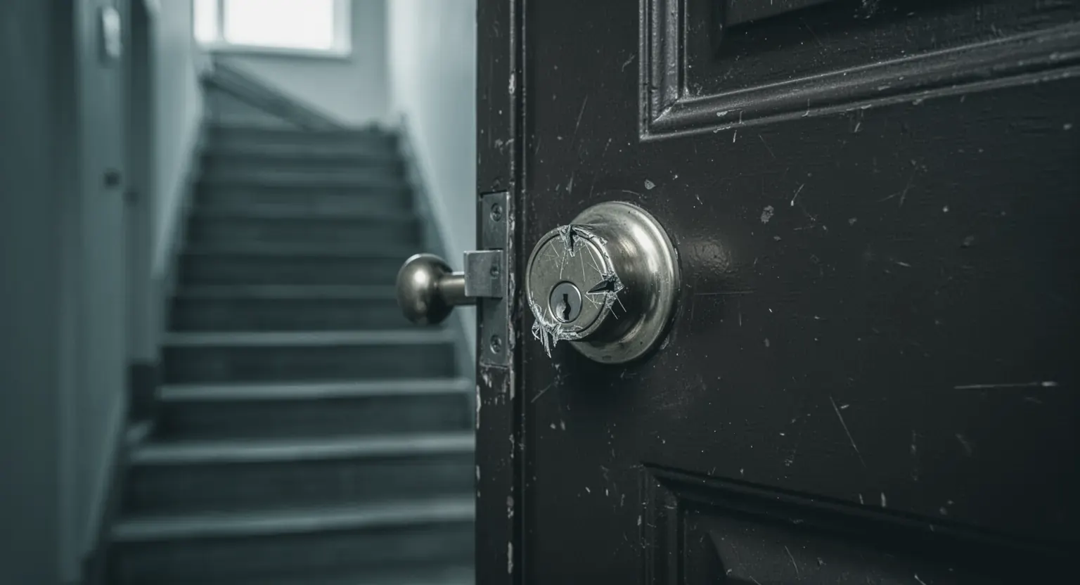 Yala zgâriată a unei uși de apartament întredeschise, spre scara blocului, în lumină rece