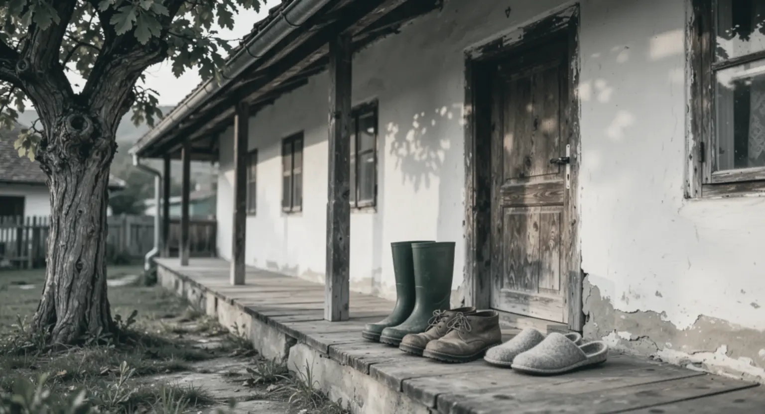O casă veche de țară cu prispă de lemn, cu cizme de cauciuc, bocanci și papuci de pâslă lângă ușă, la umbra unui nuc