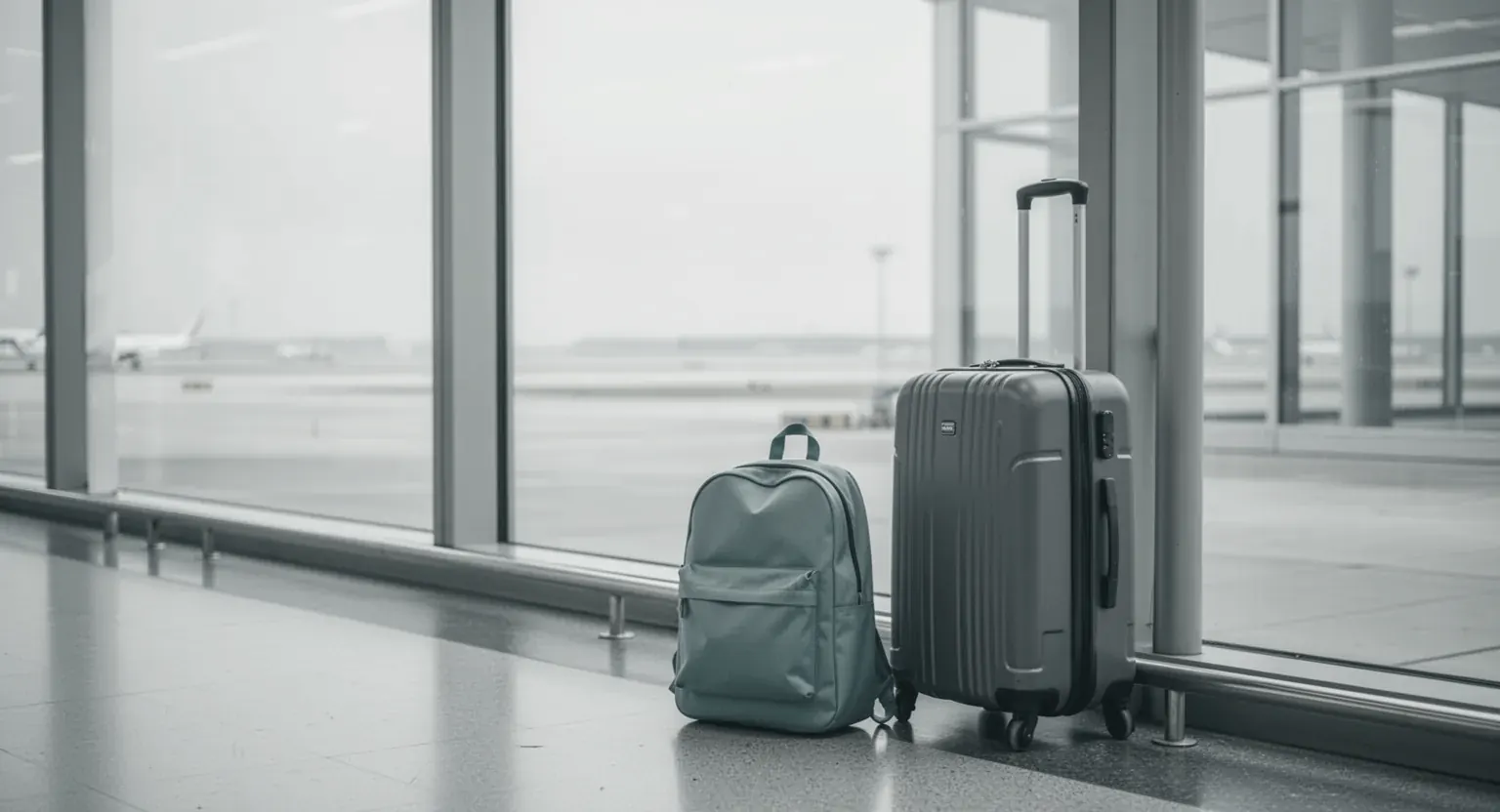 Un rucsac mic de copil lângă o valiză, la geamul unui terminal de aeroport gol