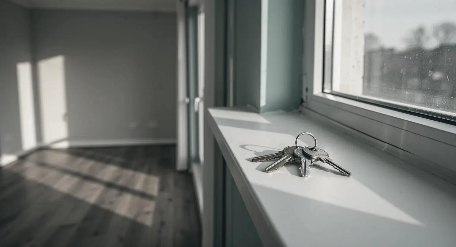 Un rând de chei pe pervazul unei camere goale, în lumina după-amiezii