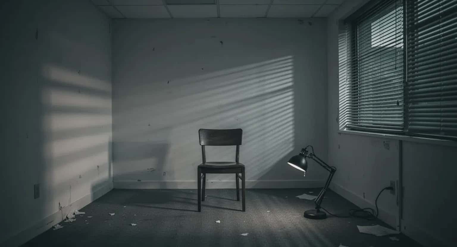 Un birou golit, cu un singur scaun și o lampă pe jos, în lumina serii care trece prin jaluzele