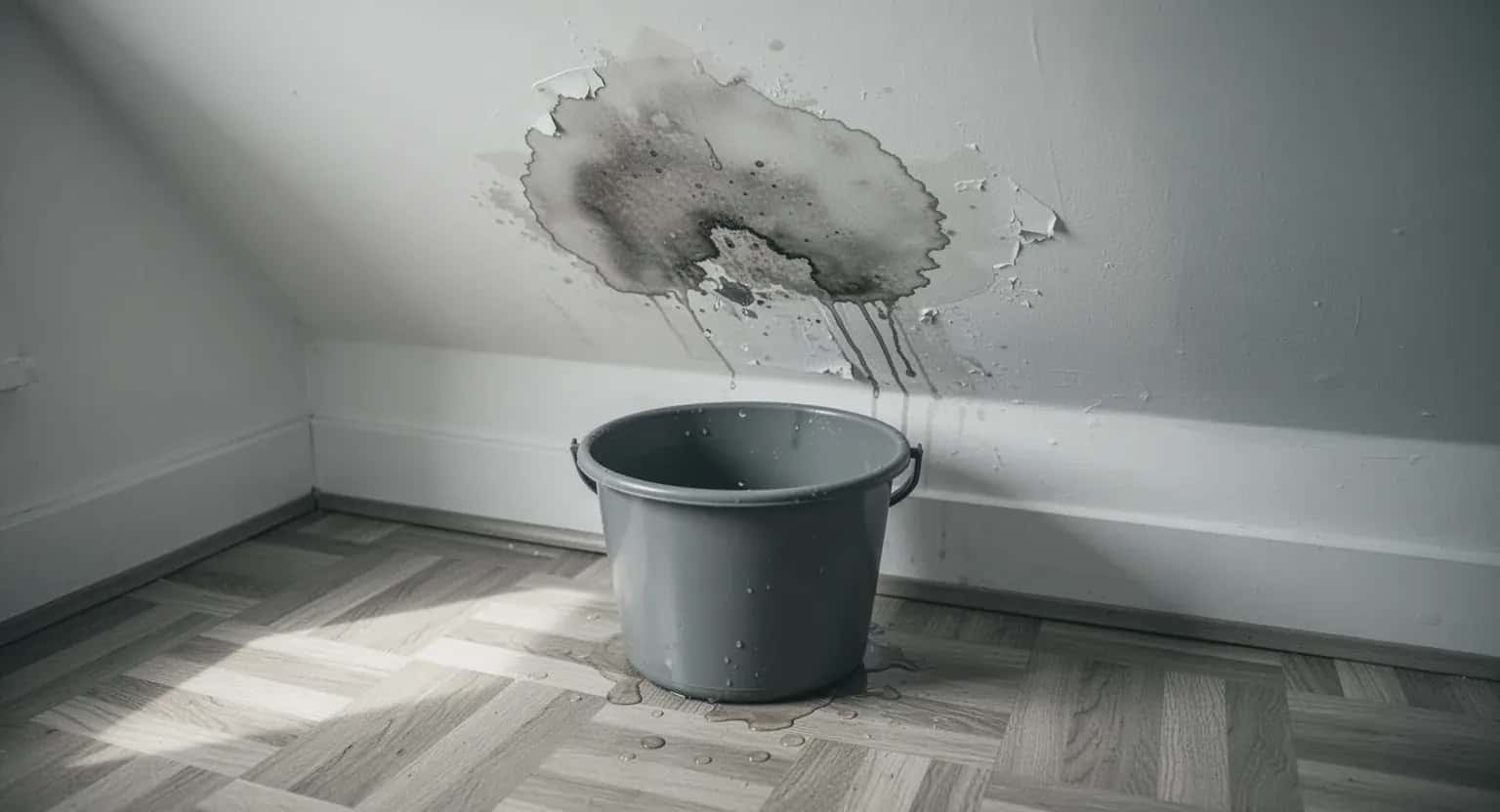 O pată mare de umezeală cu tencuială căzută pe perete și o găleată pe parchet dedesubt