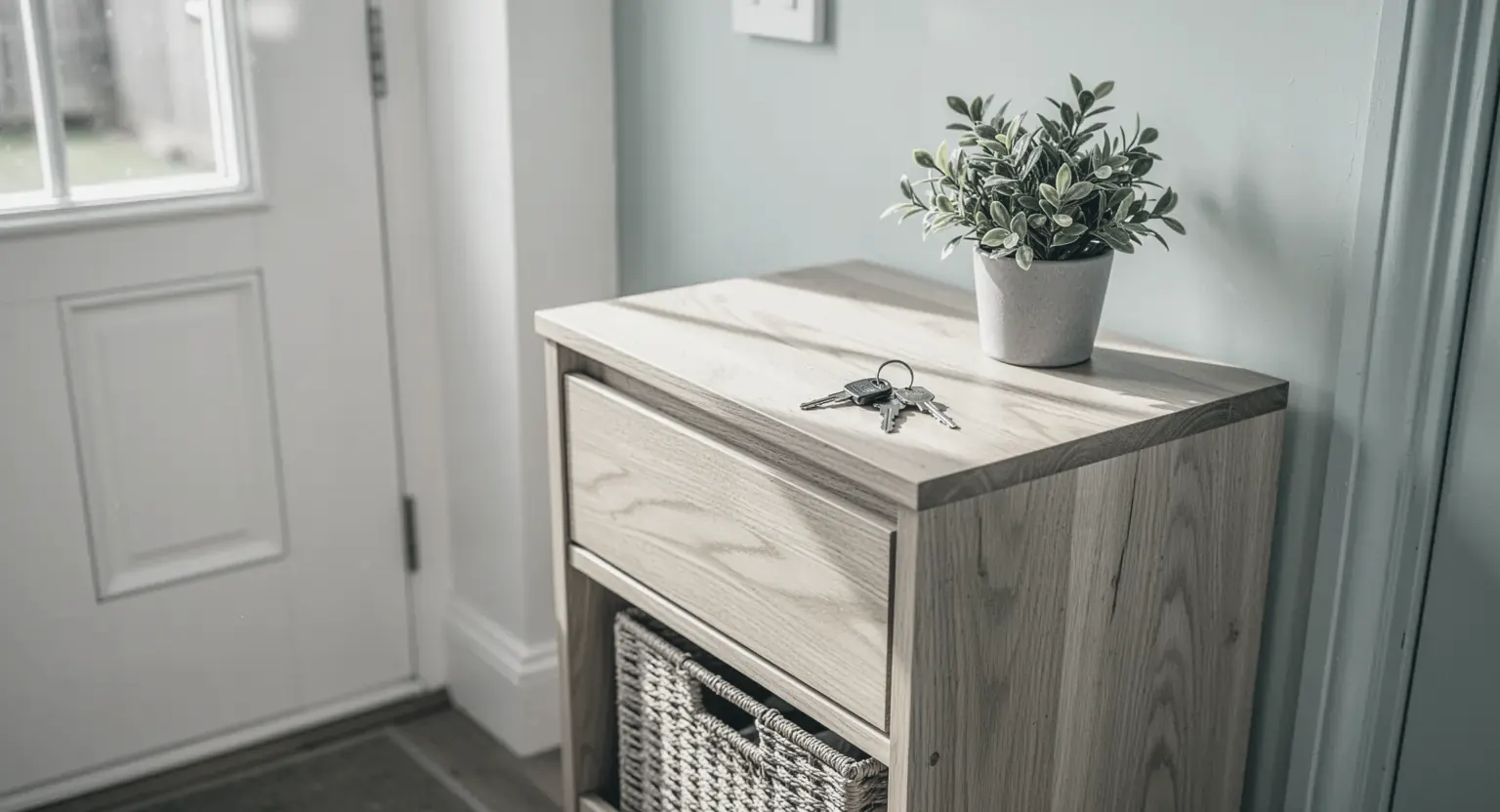 Un set de chei pe o comodă de lemn deschis, lângă o plantă în ghiveci, la intrarea unui apartament luminos
