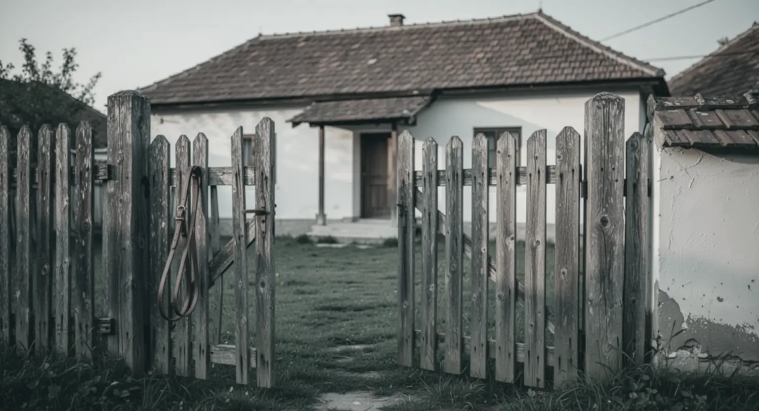 O poartă de lemn întredeschisă spre curtea unei case de la țară, cu o lesă agățată de stâlpul porții
