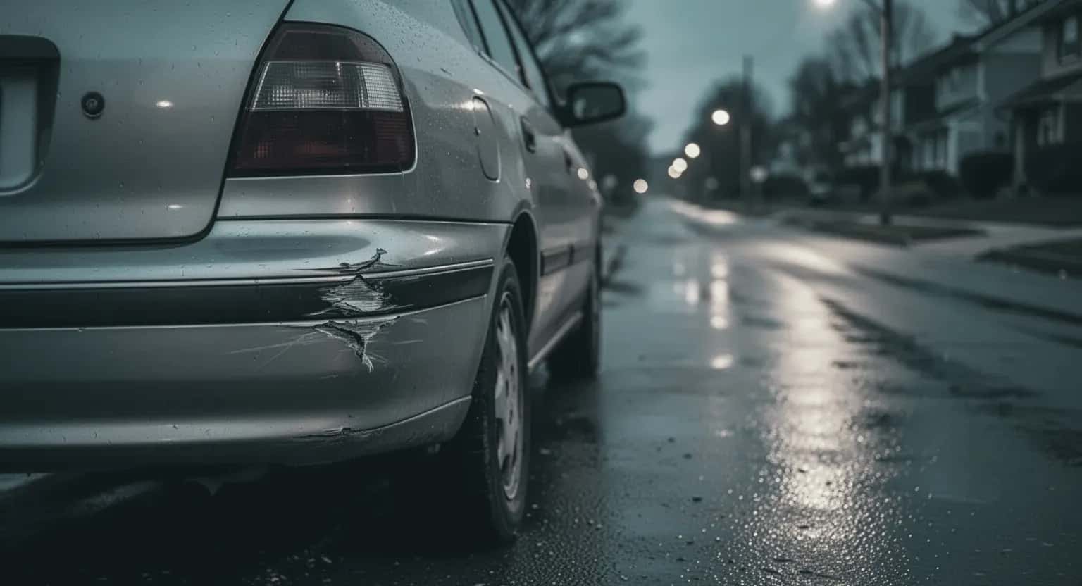 Bara din spate a unei mașini parcate, zgâriată și lovită, pe o stradă udă, seara
