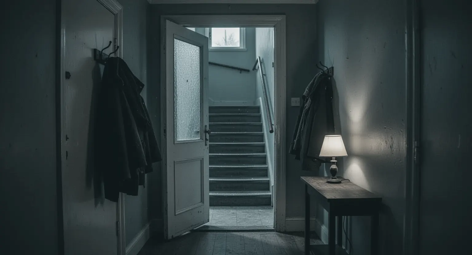 Holul unui apartament în zori, cu ușa de la intrare întredeschisă spre scara blocului și o veioză aprinsă