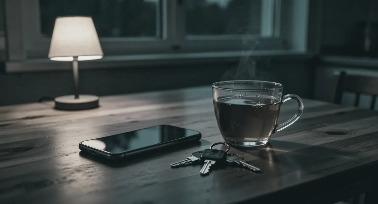 O masă de bucătărie seara, cu un telefon cu ecranul stins, chei, o ceașcă de ceai și o veioză aprinsă