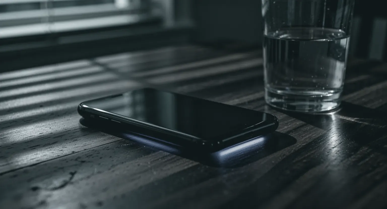 Un telefon întors cu ecranul în jos pe o masă de lemn, noaptea, cu o lumină rece care se strecoară de sub el și un pahar cu apă alături