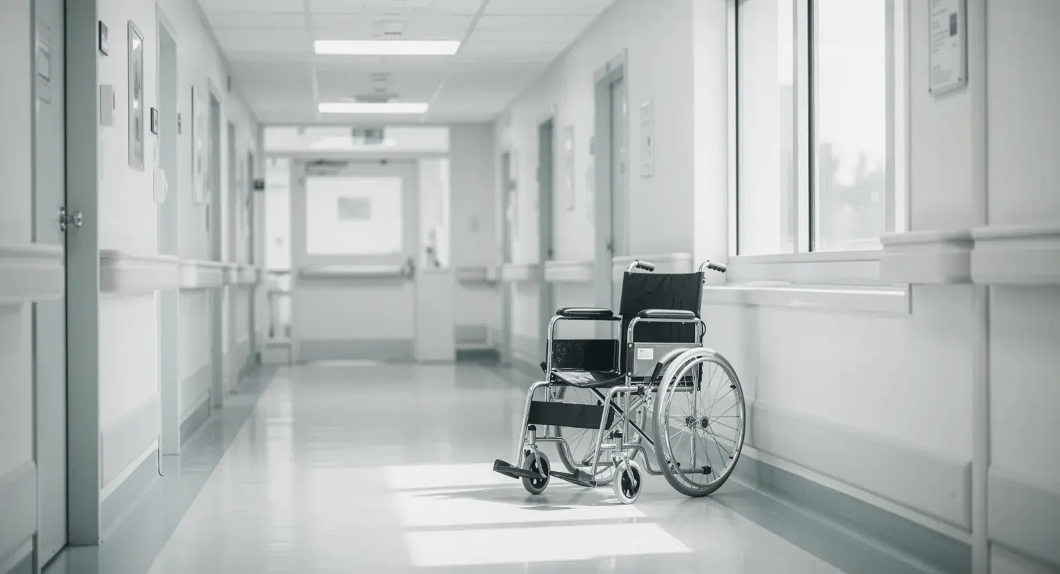 Un scaun cu rotile gol pe holul luminos al unui spital, lângă o fereastră