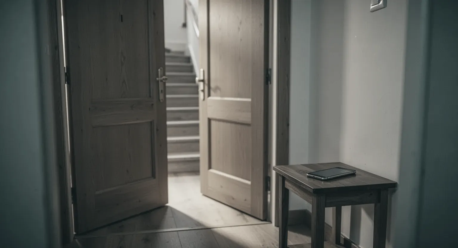 Ușa unui apartament întredeschisă spre casa scării luminată și un telefon pe o măsuță din hol