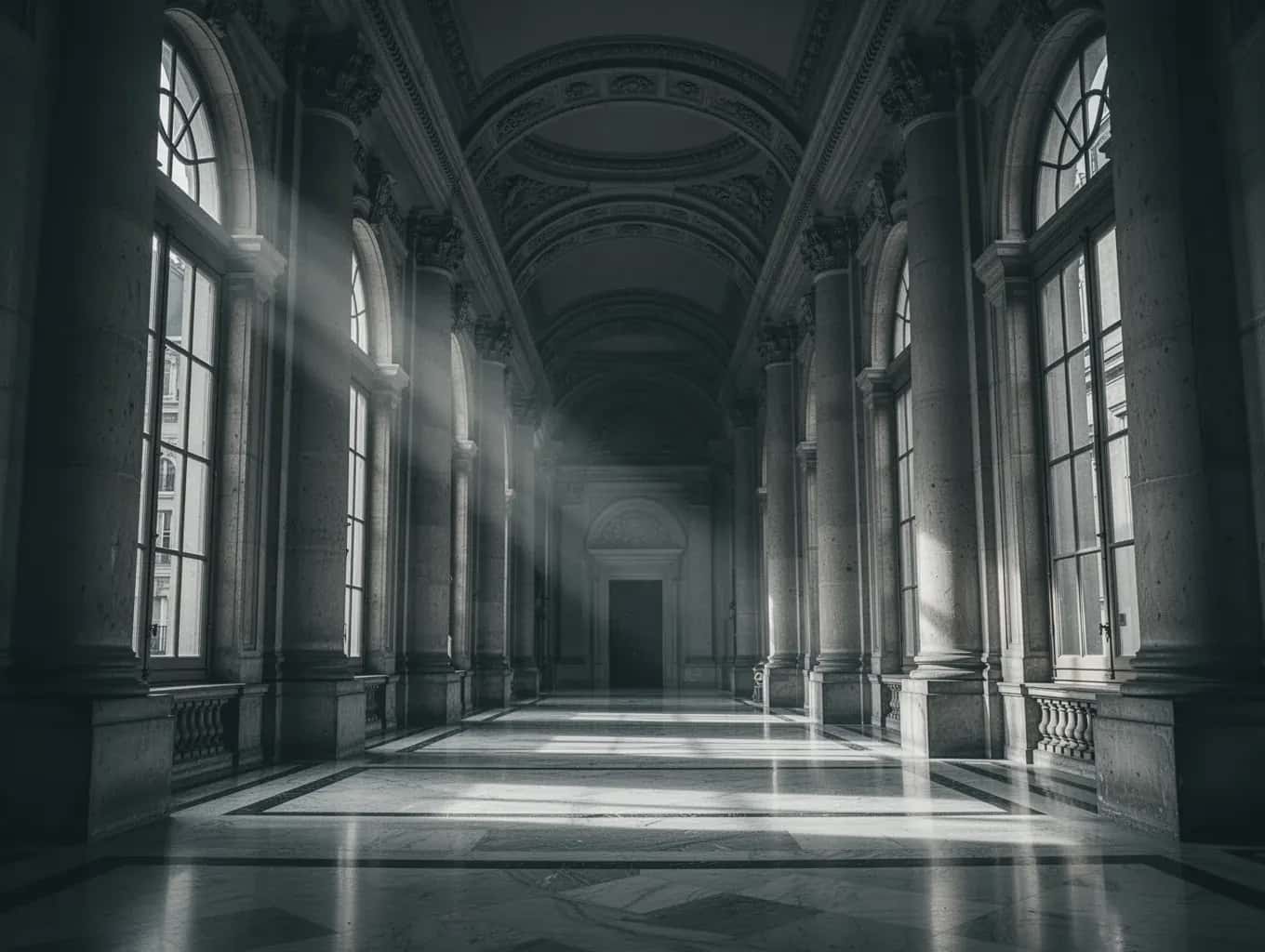 Hol lung al unei clădiri publice vechi, cu lumină care intră pe ferestre înalte