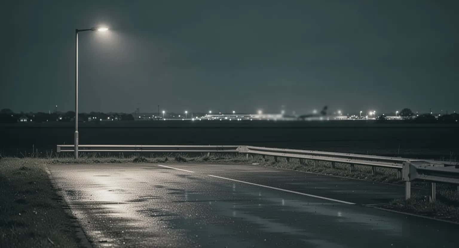 O parcare goală pe marginea unui drum, noaptea, sub un felinar, cu luminile aeroportului în depărtare