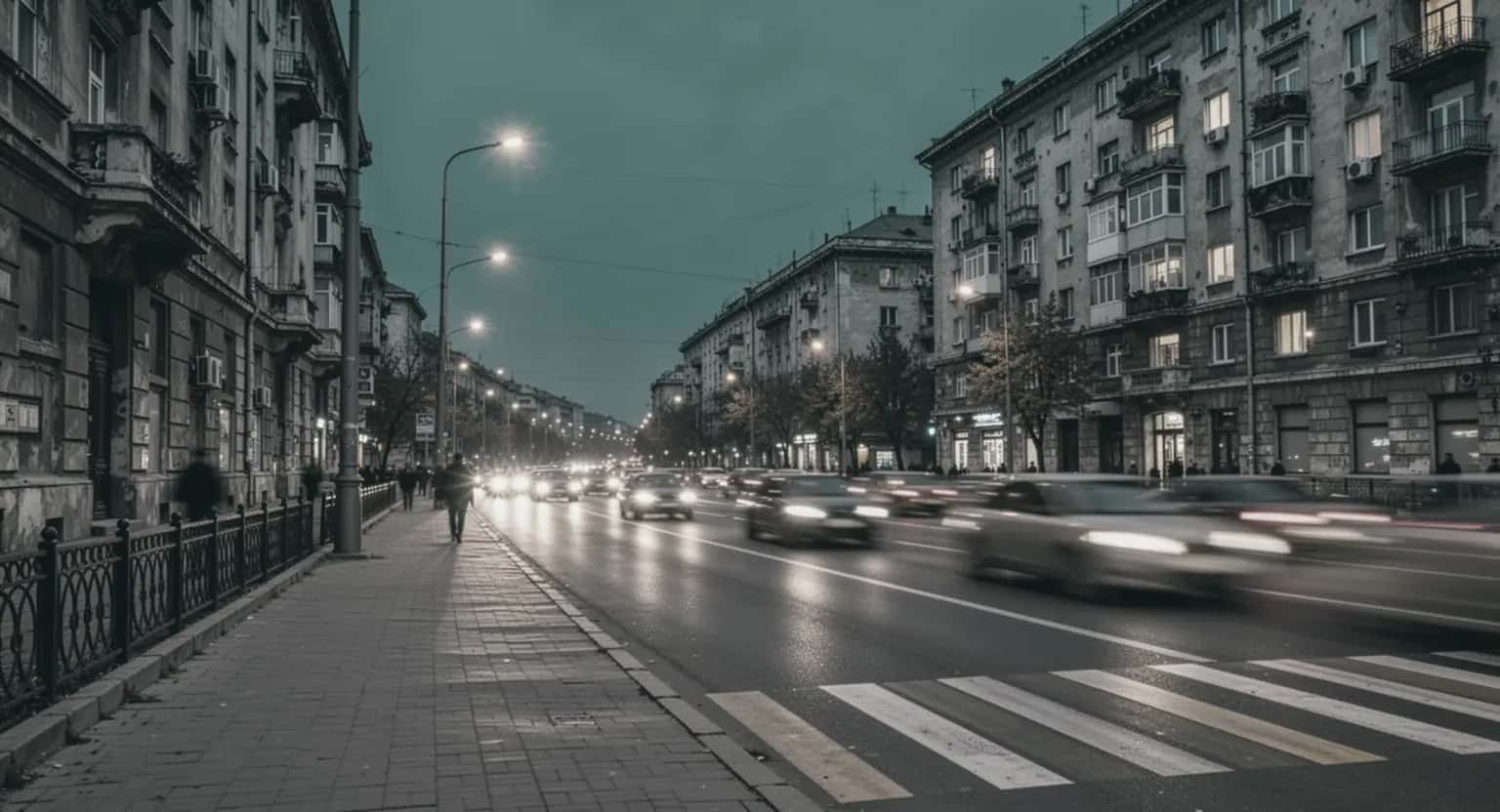 Un bulevard din București la căderea serii, cu blocuri vechi, felinare aprinse și faruri în mișcare