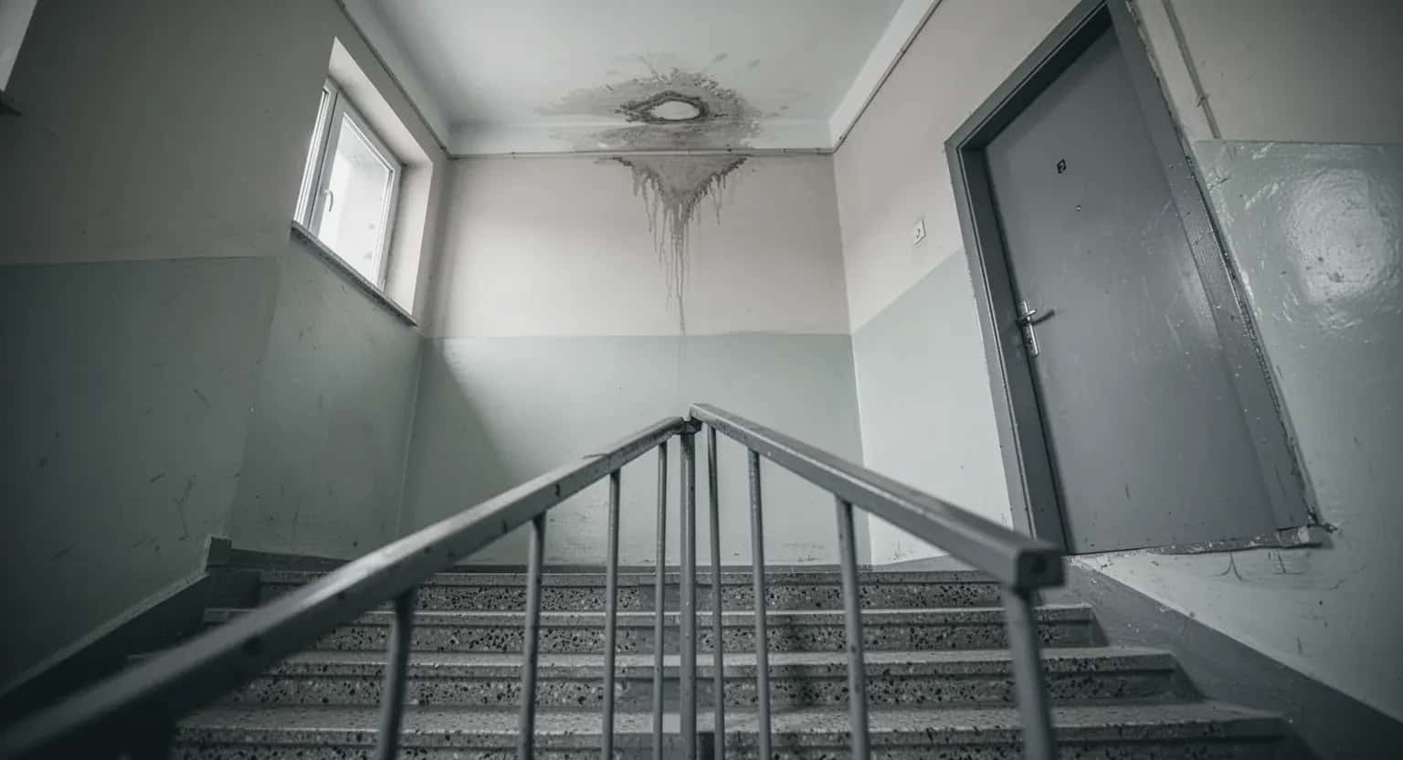 Casa scării unui bloc vechi, cu trepte de mozaic și o pată de infiltrație în colțul tavanului